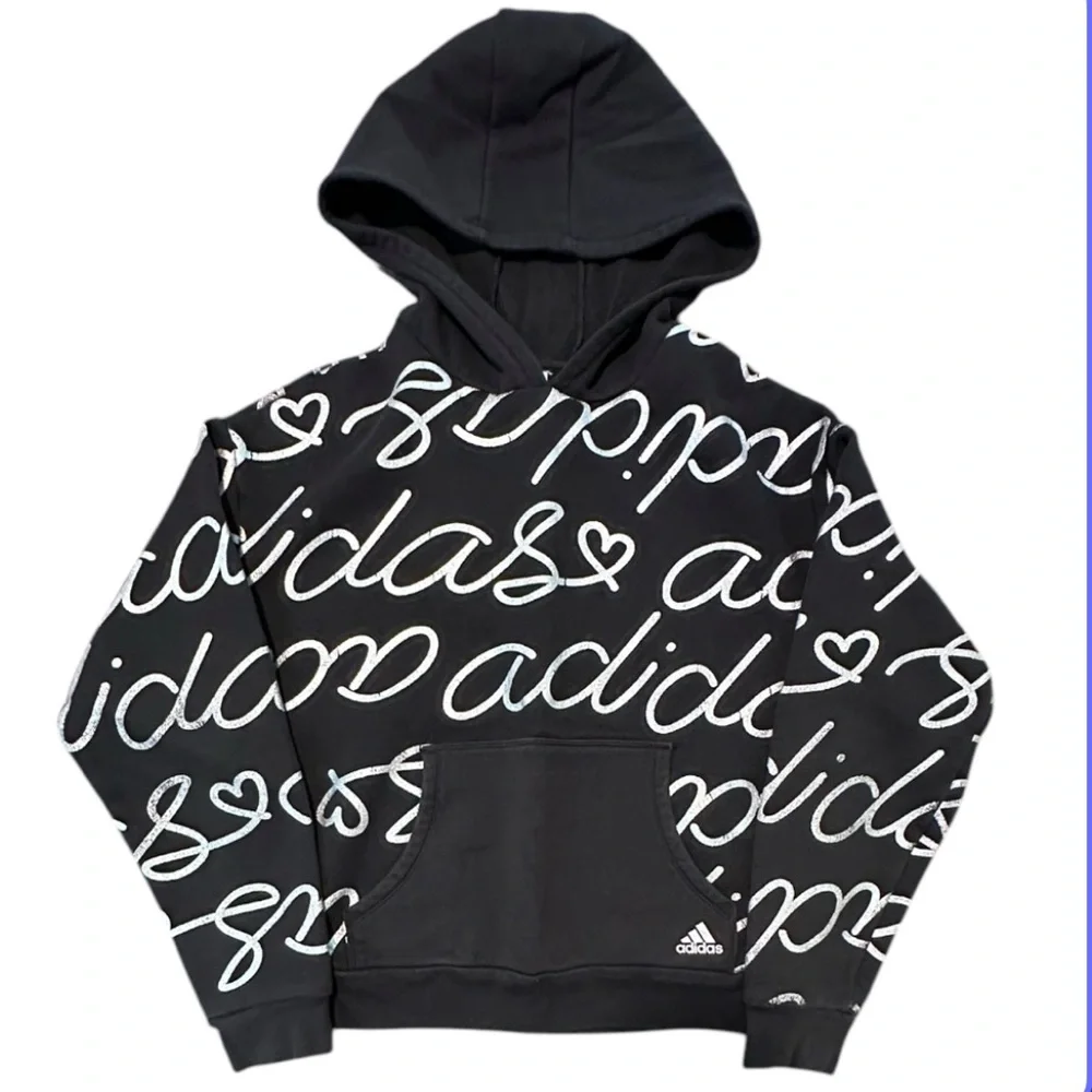 Adidas | Girls' Allover Print Foil Fleece Silver on Black Hoodie | Size 14 | EUC